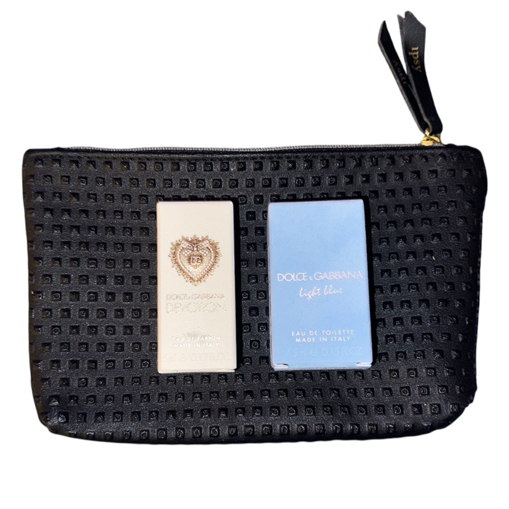 Black Textured Ipsy Makeup Bag with NIB Dolce & Gabbana Perfume Samples